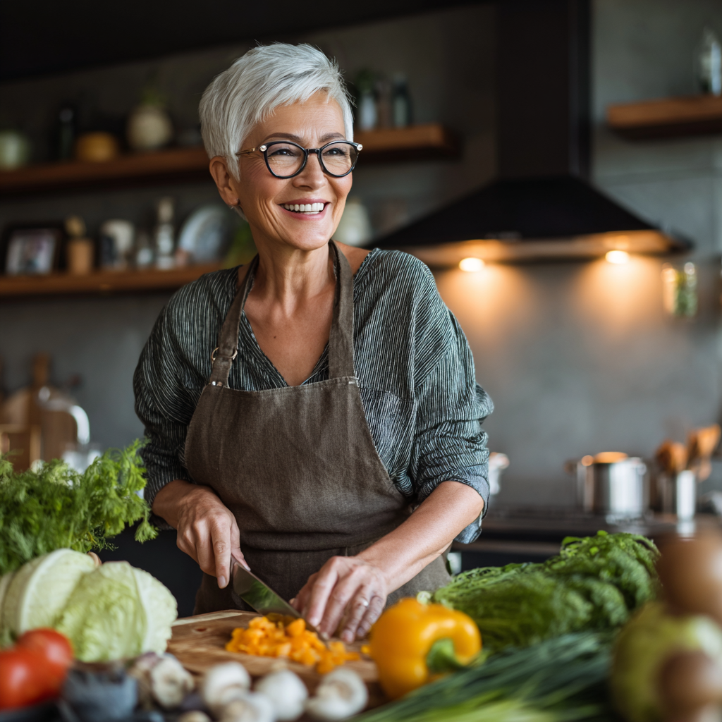 Happy mature woman cooking healthy meal in modern kitchen