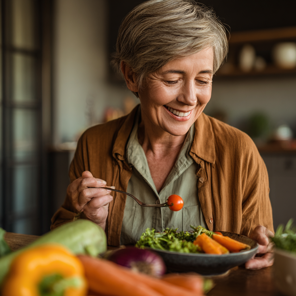 Middle-aged woman enjoying healthy balanced meal with fresh vegetables